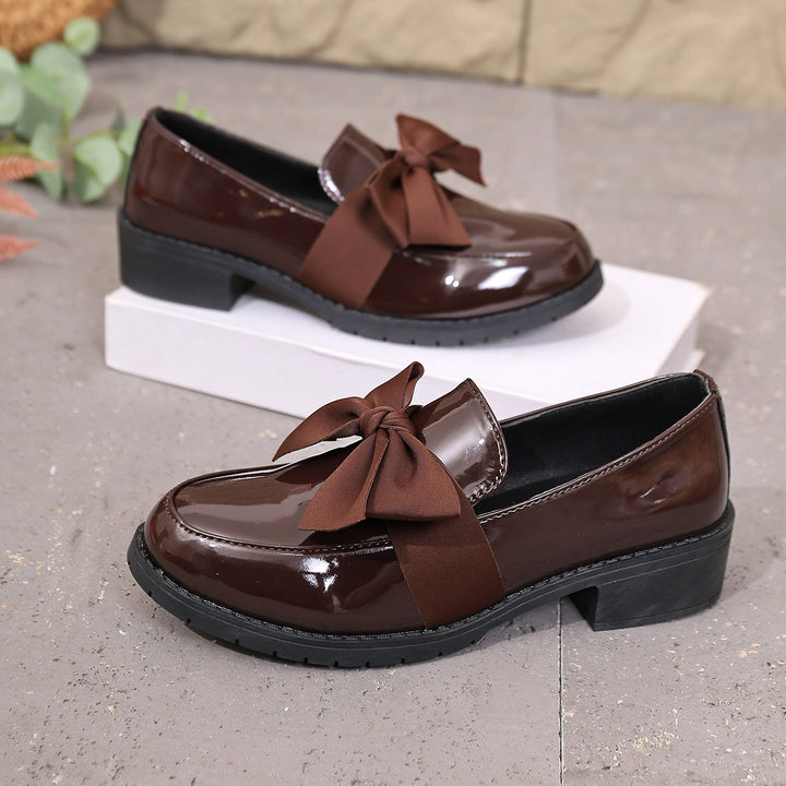 Women's Glossy Leather Bow Loafers – Moc-Toe Slip-On Platform Outsole