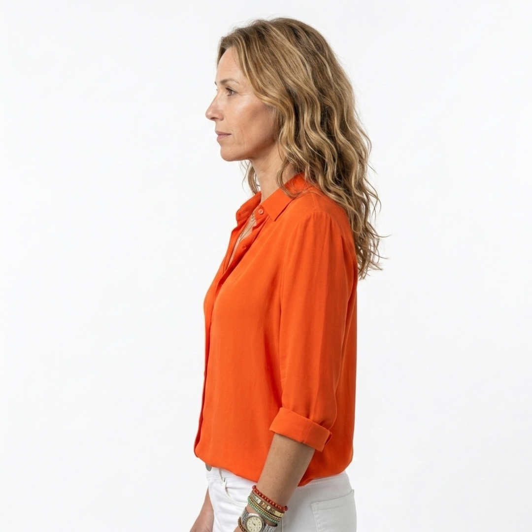 Women's Button-Front Blouse – Fluid V-Neck Long Sleeve