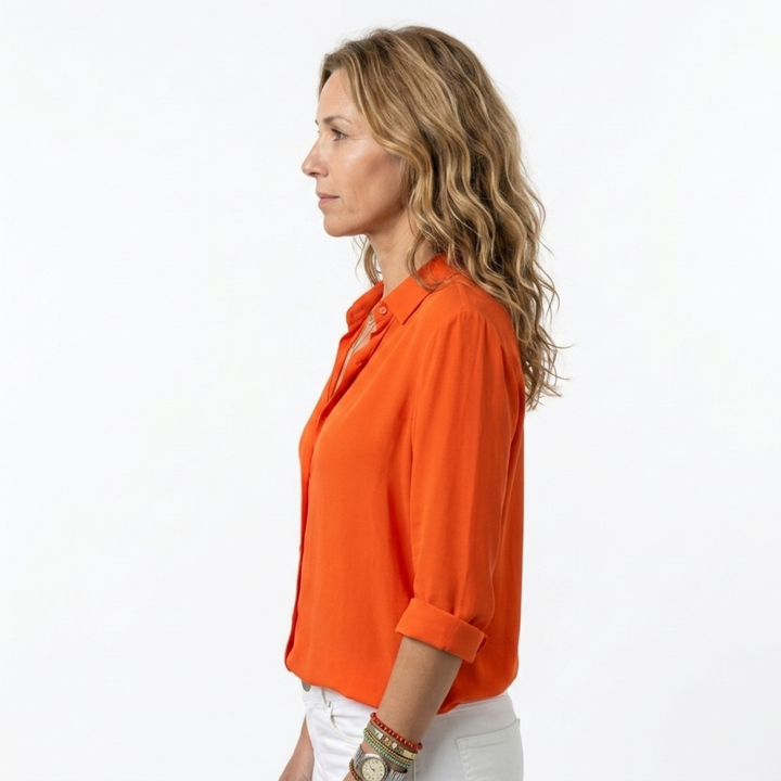 Women's Button-Front Blouse – Fluid V-Neck Long Sleeve