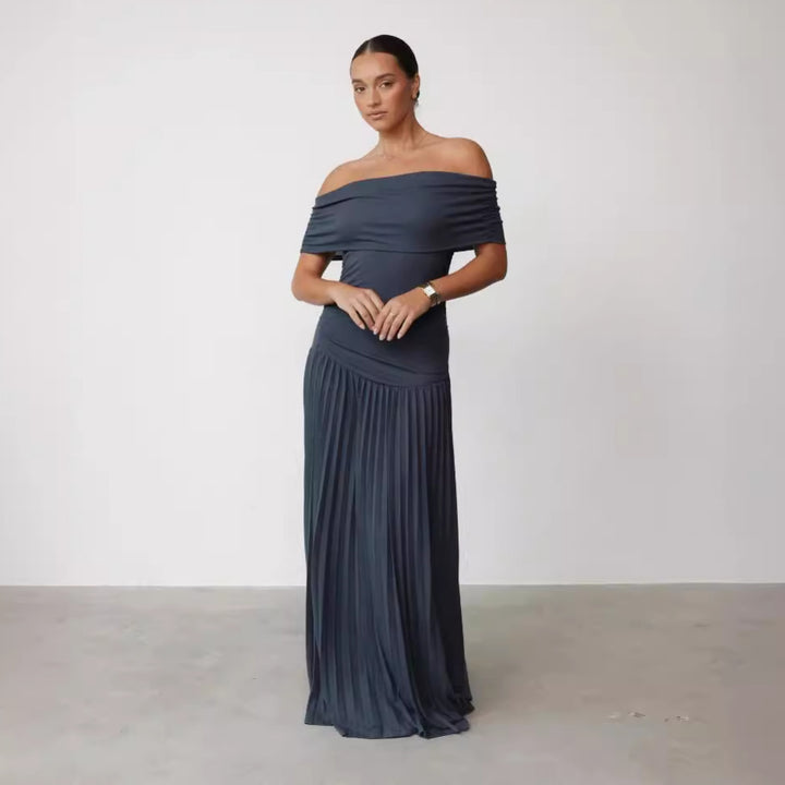 Off Shoulder Midi Dress – Pleated Skirt Elegant Fit