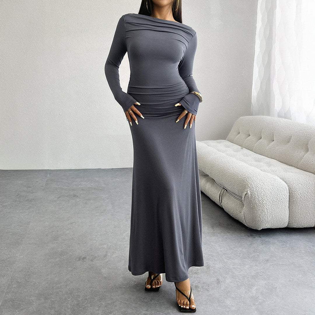 Women's Ruched Maxi Dress – Long Sleeve Fluted Drop Waist