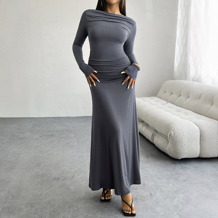 Women's Ruched Maxi Dress – Long Sleeve Fluted Drop Waist