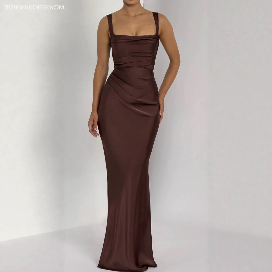 Satin Maxi Dress – Draped Waist Elegant Fit for Women
