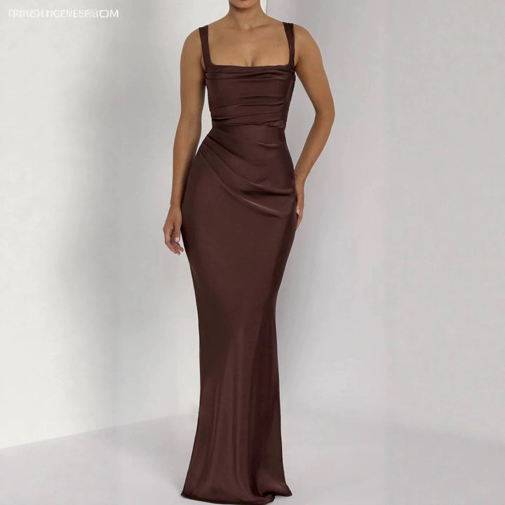 Satin Maxi Dress – Draped Waist Elegant Fit for Women