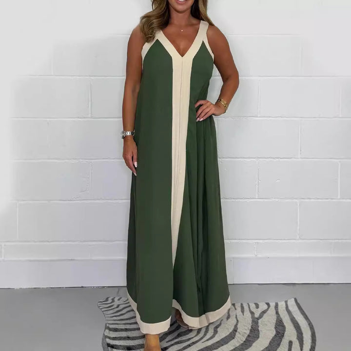 Women's Colorblock Maxi Dress – V-Neck, Contrast Stripe & Slit