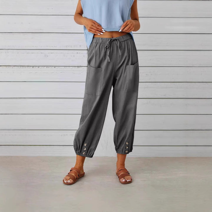 Women's Linen Cropped Pants – Drawstring Waist & Button Hem