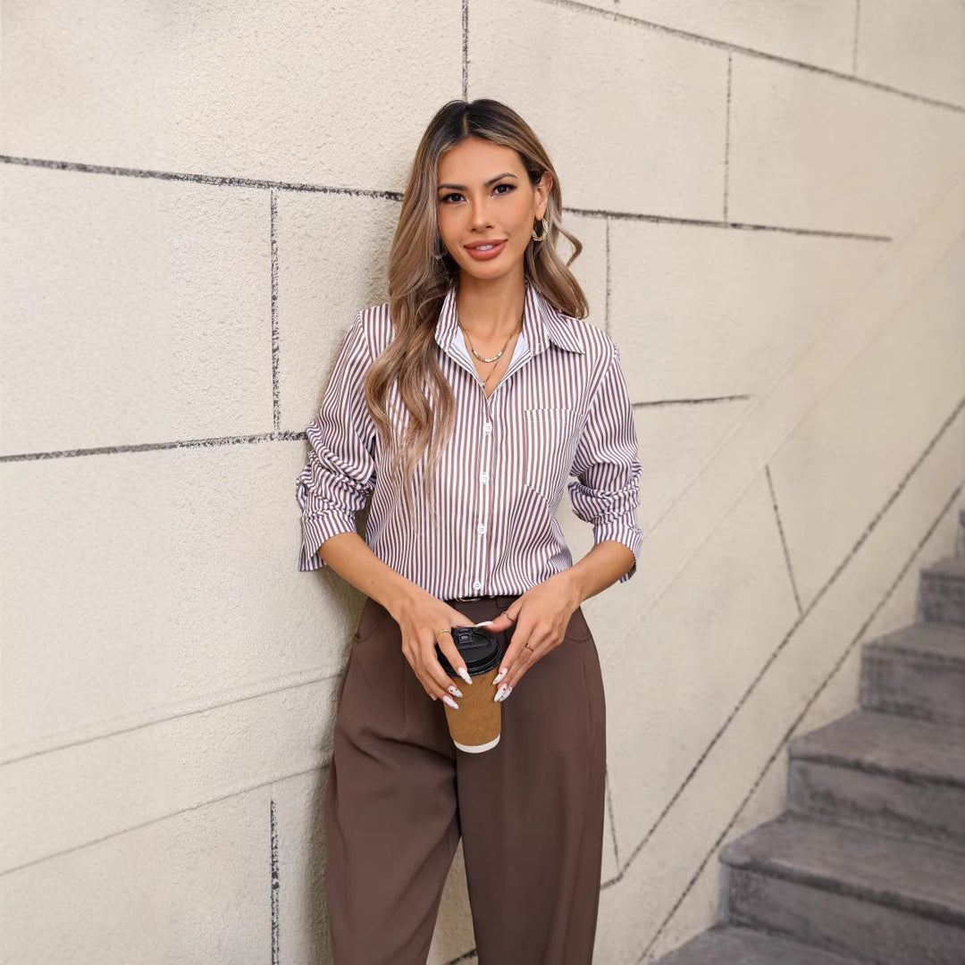 Women's Button-Up Shirt Classic Relaxed Fit – Contrast Cuff Hem Detail Style