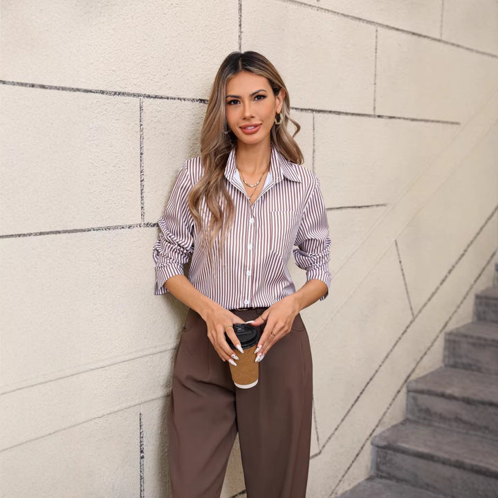Women's Button-Up Shirt Classic Relaxed Fit – Contrast Cuff Hem Detail Style