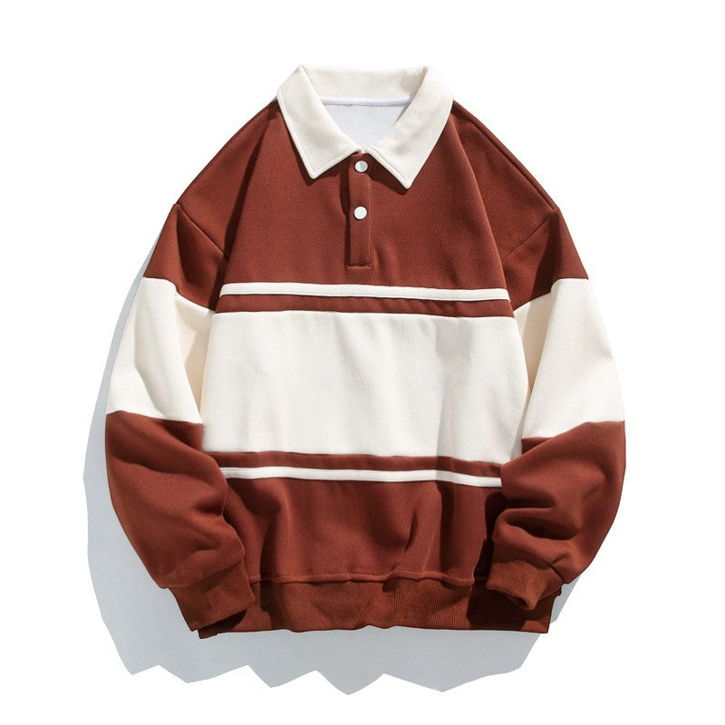 Men's Cotton Blend Sweatshirt – Polo Collar Contrast Panels Relaxed Fit