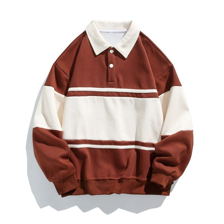 Men's Cotton Blend Sweatshirt – Polo Collar Contrast Panels Relaxed Fit