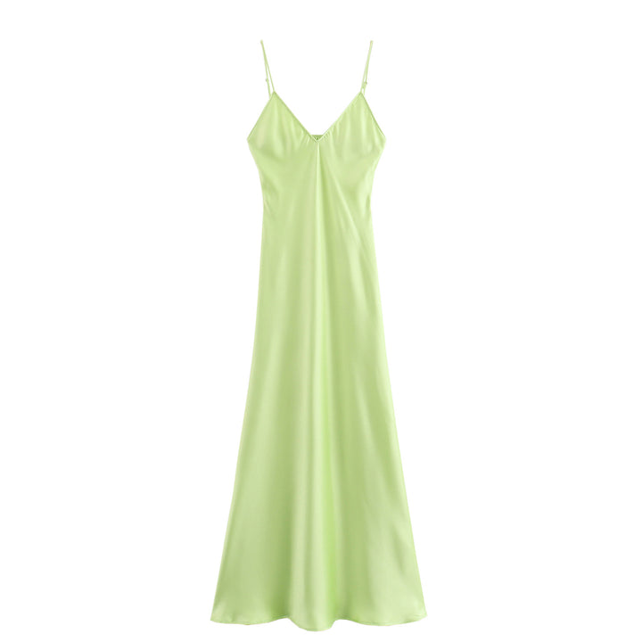 Satin Slip Maxi Dress – V-Neck & Spaghetti Straps