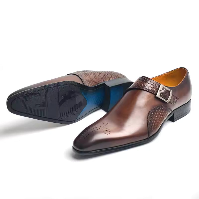 Men's Cowhide Leather Monk Strap Dress Shoe – Pointed Carved Detail