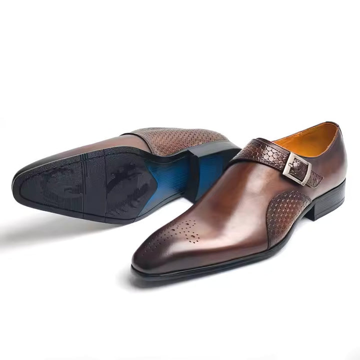 Men's Cowhide Leather Monk Strap Dress Shoe – Pointed Carved Detail