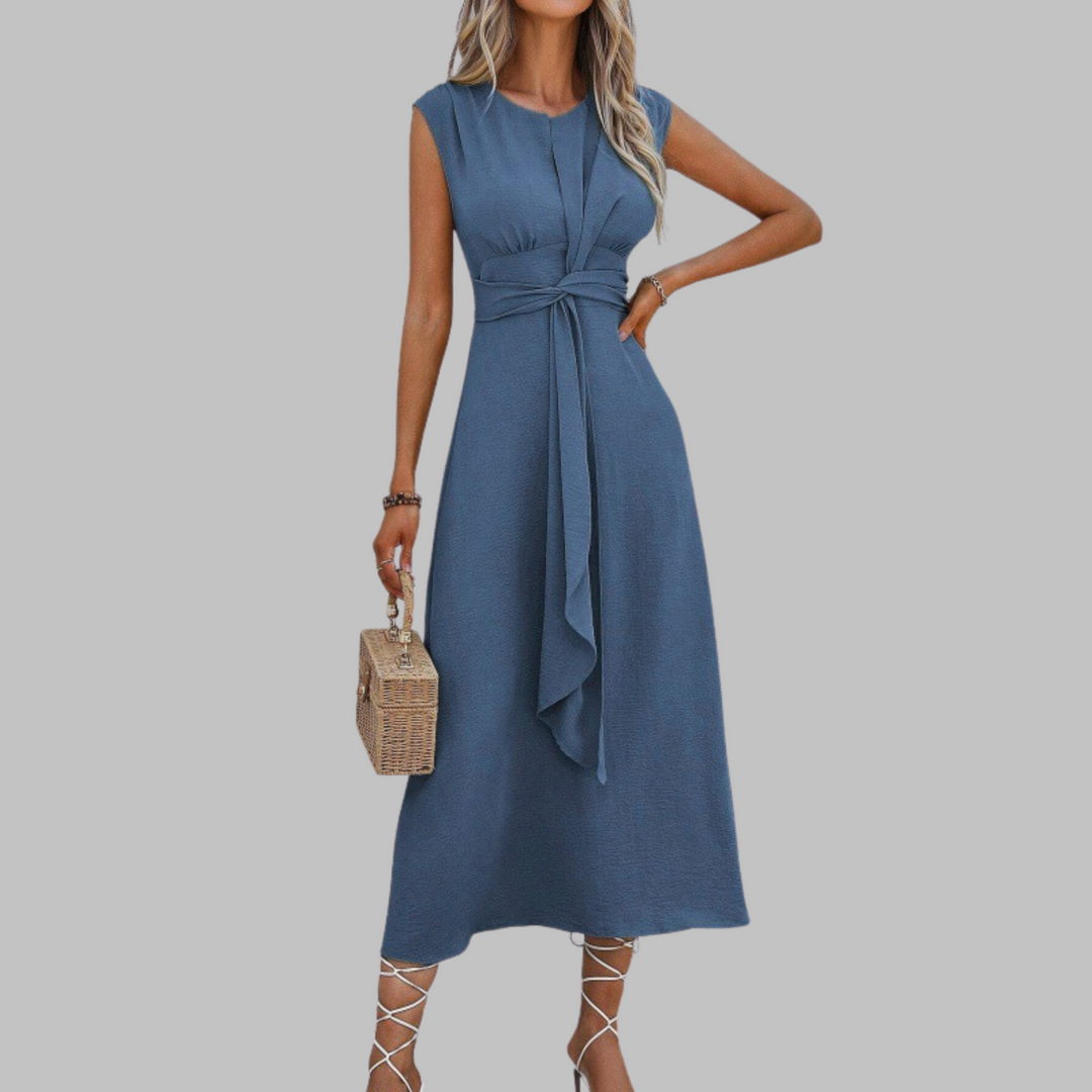 Women's Sleeveless Midi Dress – Tie Waist A-Line Silhouette