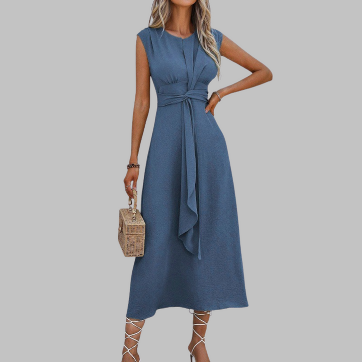 Women's Sleeveless Midi Dress – Tie Waist A-Line Silhouette