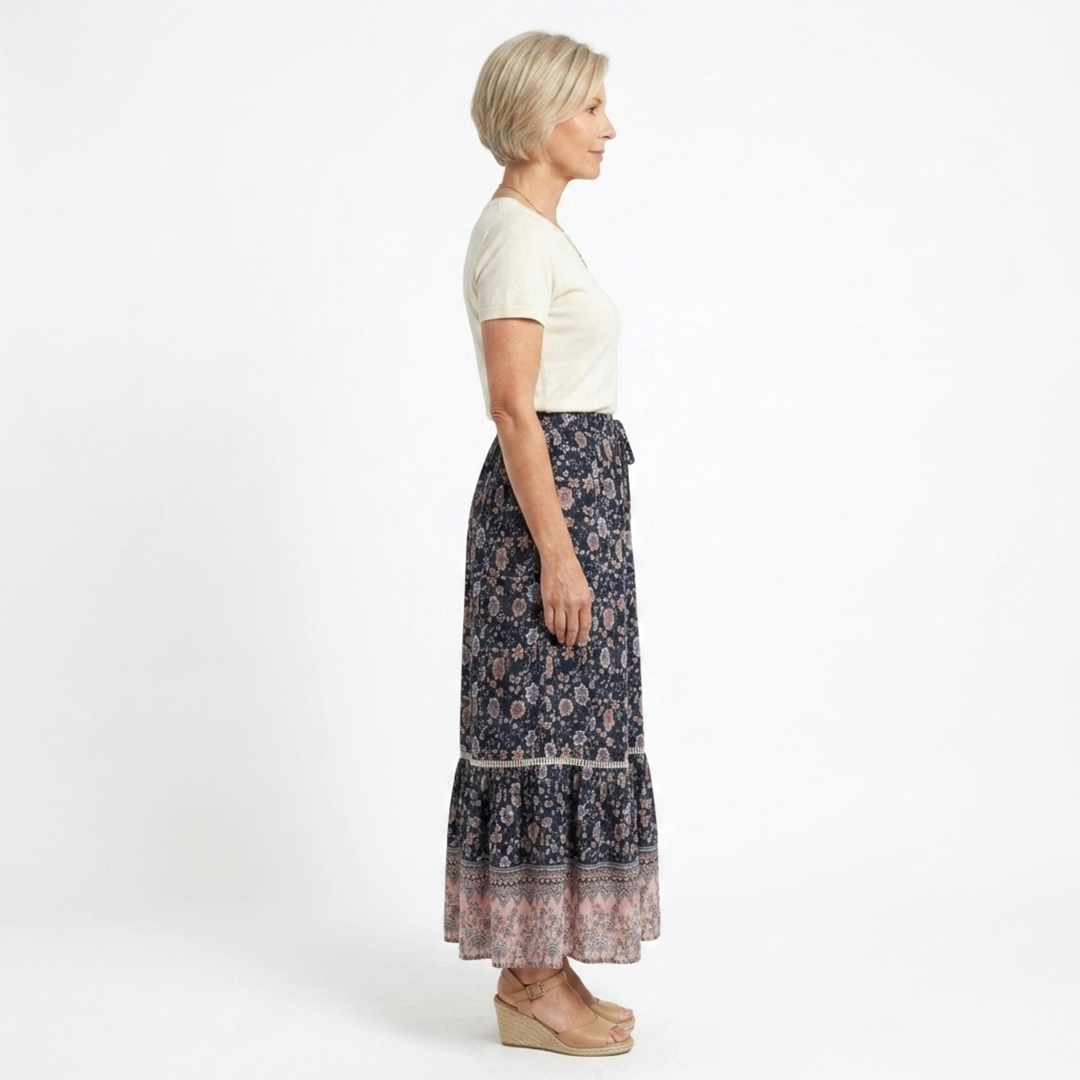 Floral Maxi Skirt – High-Waist Drawstring A-Line, Cotton