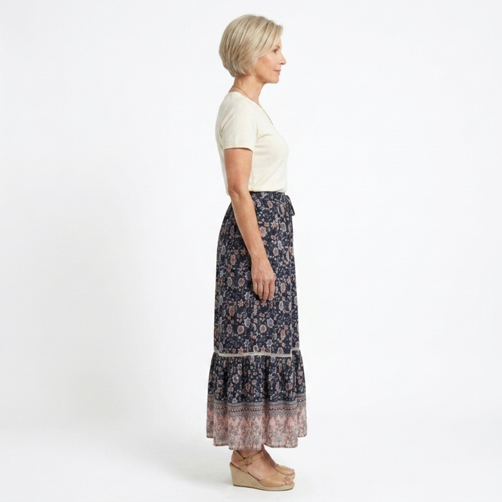 Floral Maxi Skirt – High-Waist Drawstring A-Line, Cotton