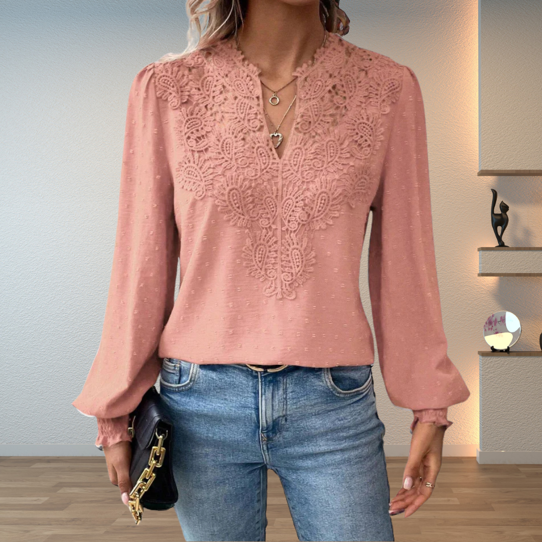 Embroidered V-Neck Blouse – Women's Gathered Sleeve Top