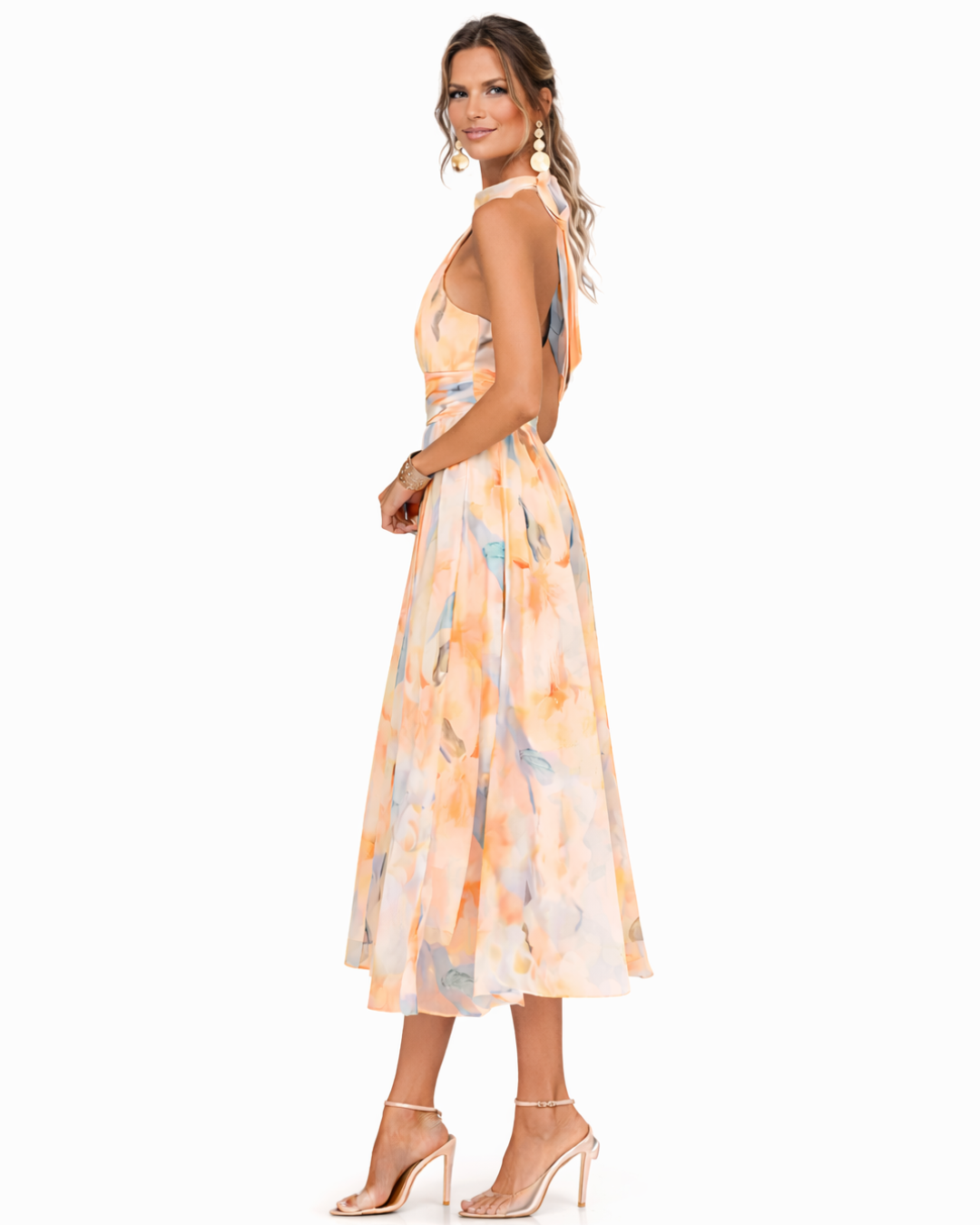 Women's Printed Halterneck Midi Dress – Flowing Occasion Style