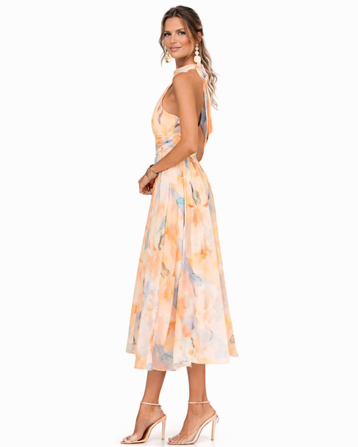 Women's Printed Halterneck Midi Dress – Flowing Occasion Style