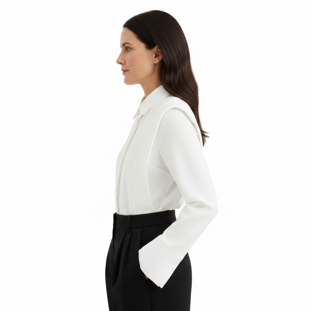 Women's Long Sleeve Blouse Shoulder Pleats – Pointed Collar Cuffs