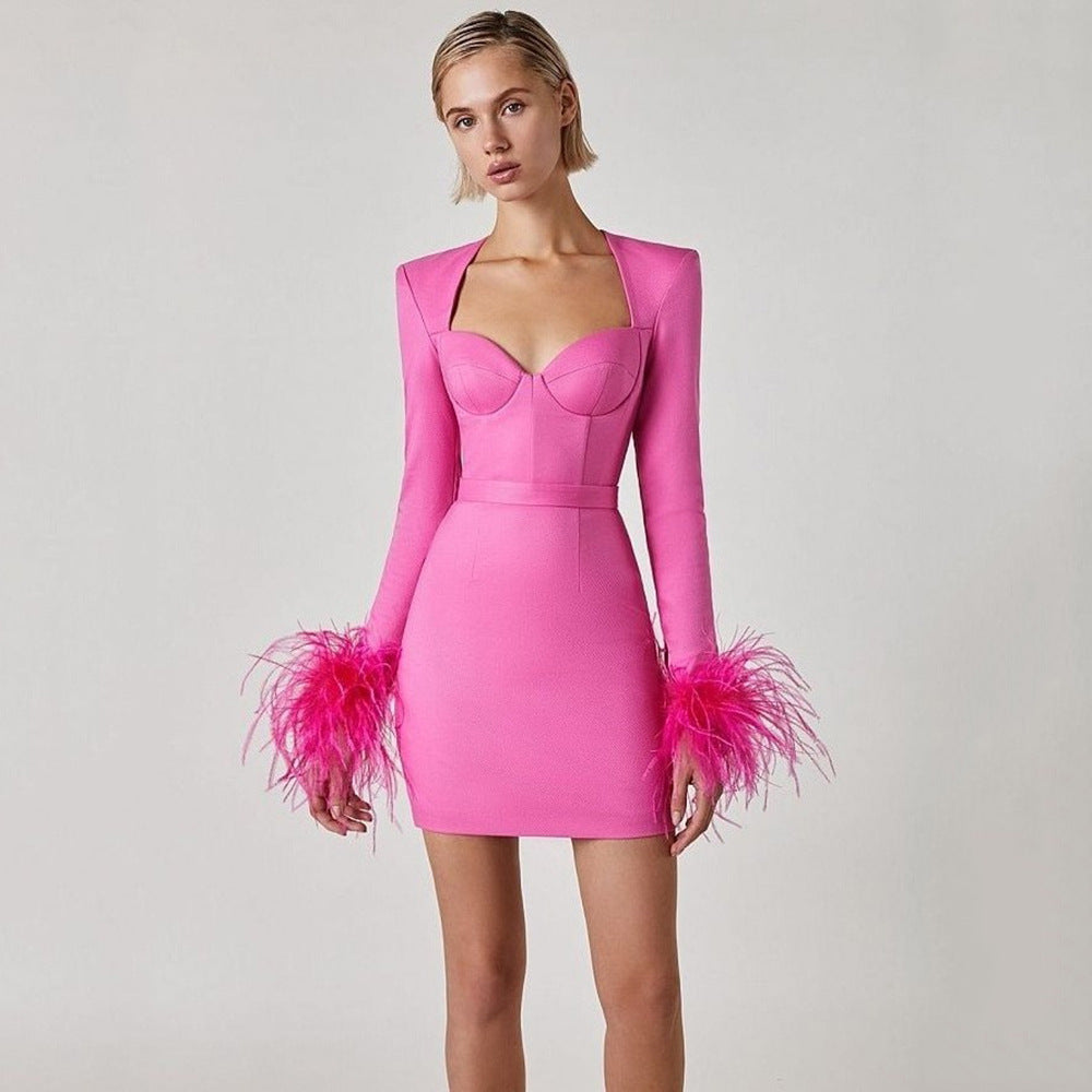 Women's Square Neck Bodycon Mini Dress – Feather Cuff Sleeves