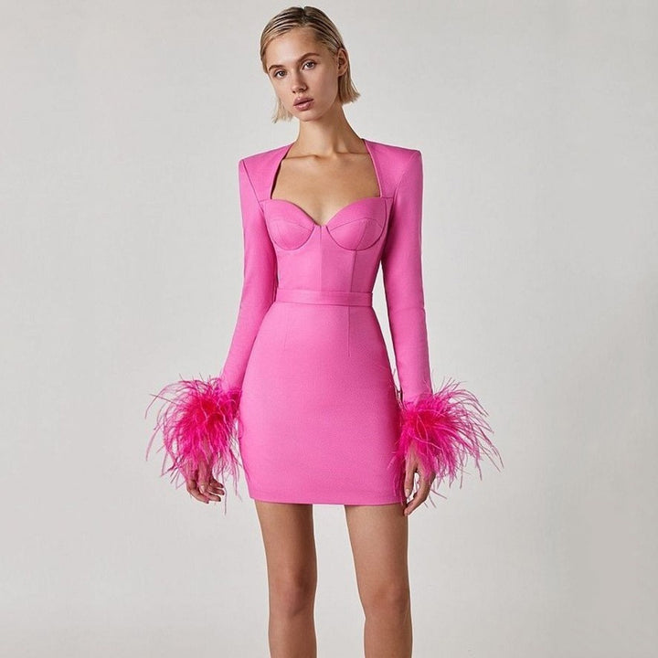 Women's Square Neck Bodycon Mini Dress – Feather Cuff Sleeves