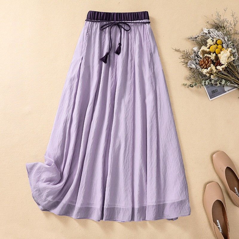 Women's Linen A-Line Maxi Skirt Gathered Waist – Contrast Waistband