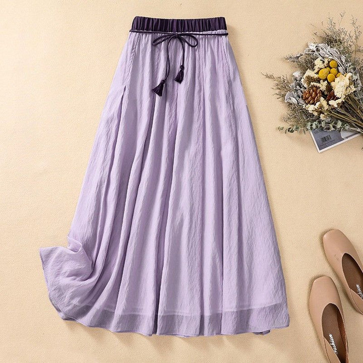 Women's Linen A-Line Maxi Skirt Gathered Waist – Contrast Waistband