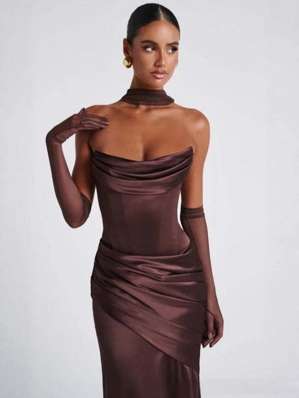 Satin Maxi Dress – Strapless Ruched Bodycon Evening Gown