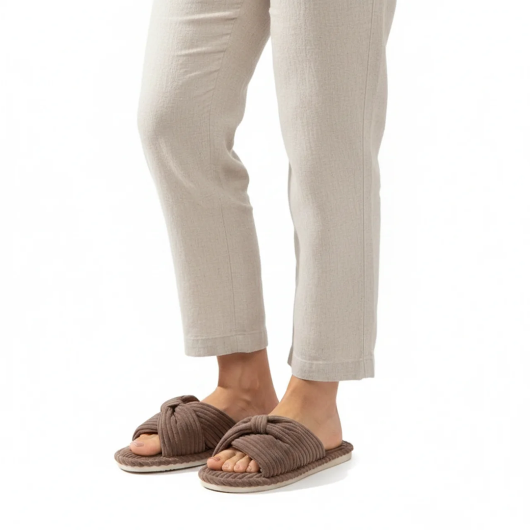 Women's Slippers – Corduroy Open Toe Slip-On with Bow Detail