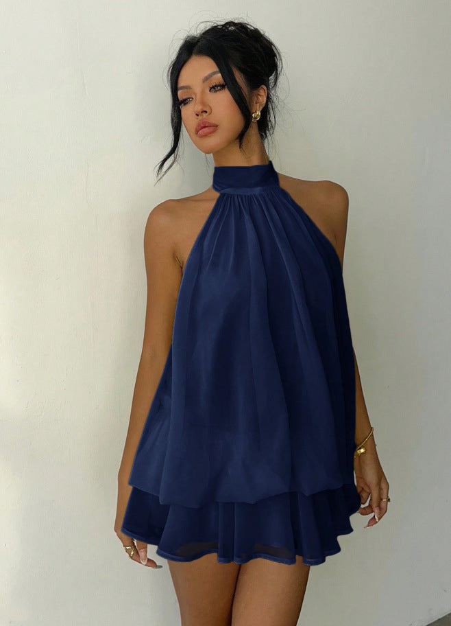 Women's Chiffon Mini Dress – Tiered Ruffle Halter Neck