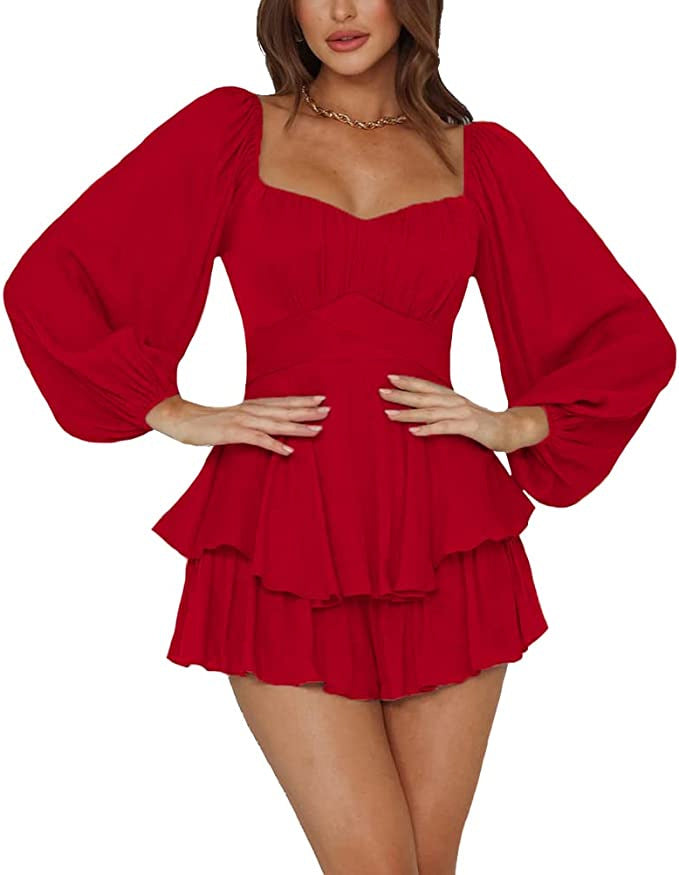 Women's Ruffle Jumpsuit Lantern Sleeve – Cinched Waist Layered Culotte