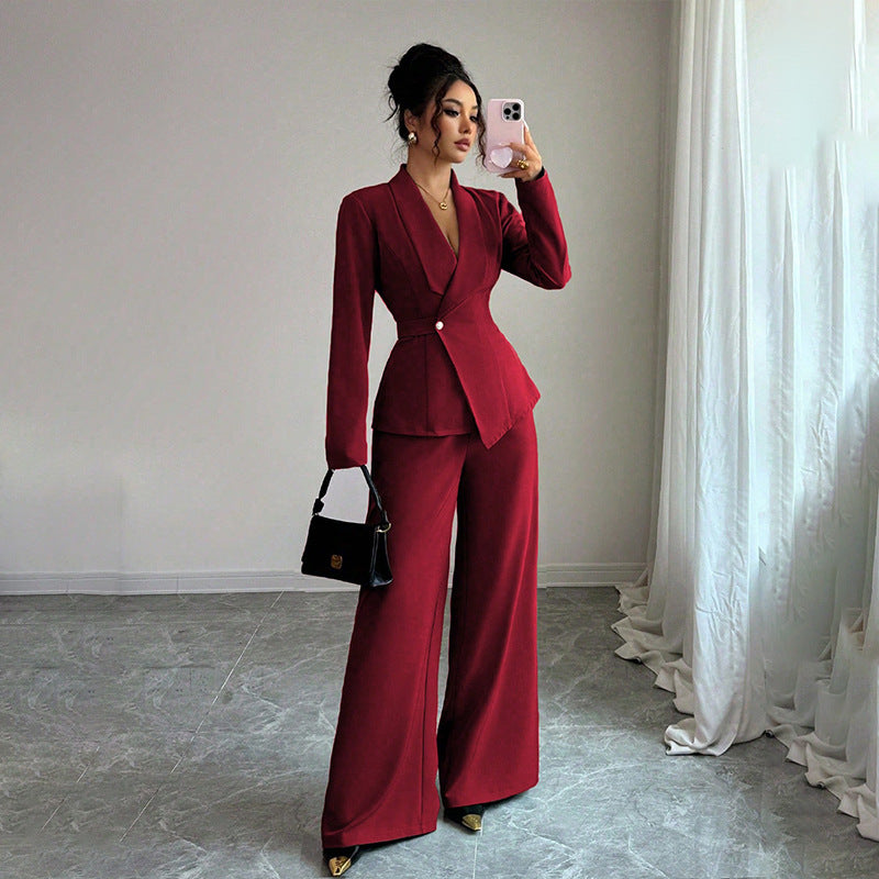 Women's V-Neck Long Sleeve Top & Wide Leg Trouser Set