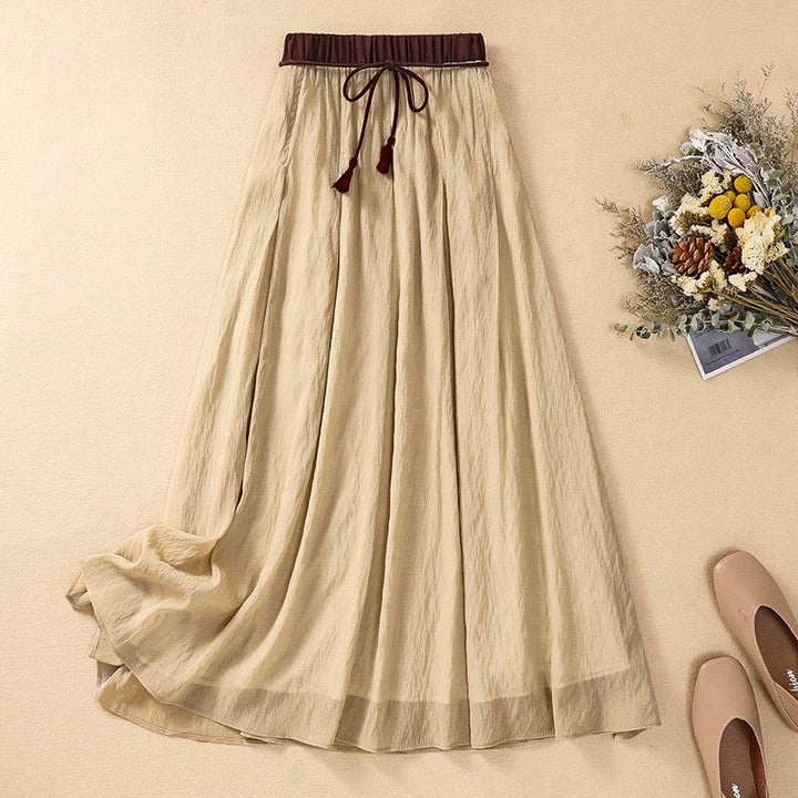 Women's Linen A-Line Maxi Skirt Gathered Waist – Contrast Waistband