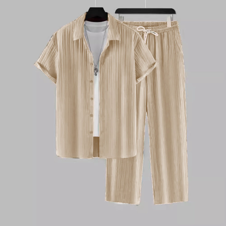Men's Two Piece Set – Textured Stripe Shirt & Drawstring Trousers