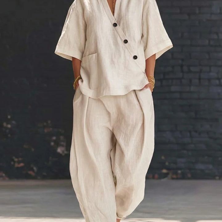 Women's Two Piece Set V-Neck Top & Wide-Leg Trousers