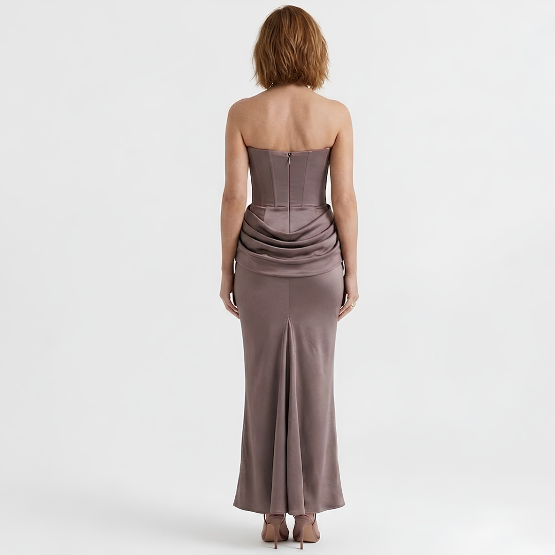 Maxi Bodycon Dress Strapless Bustier – Strategic Ruching Ankle Gown