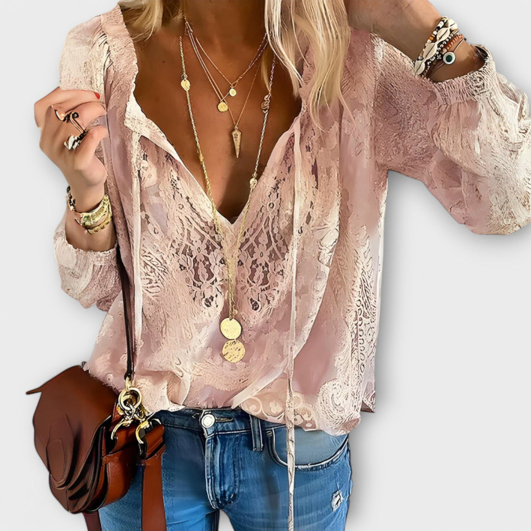 Women's Boho V-Neck Long Sleeve Top – Relaxed Delicate Texture Summer