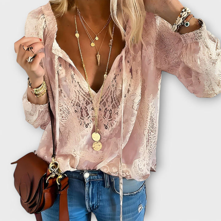 Women's Boho V-Neck Long Sleeve Top – Relaxed Delicate Texture Summer