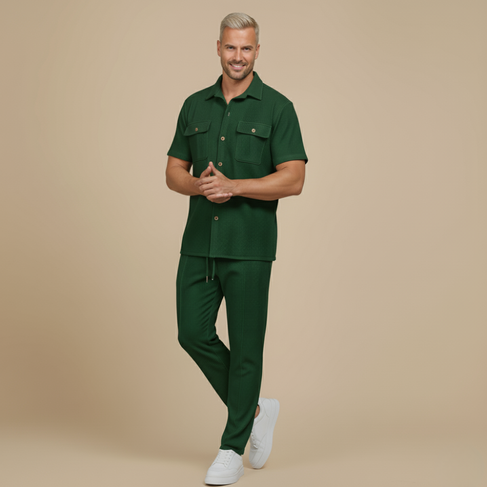 Men's Waffle-Knit Two-Piece Set – Relaxed Matching Shirt & Shorts