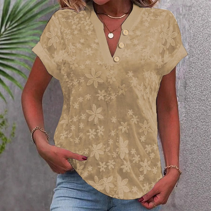 Women's Embroidered Lace Blouse – V-Neck Button-Front