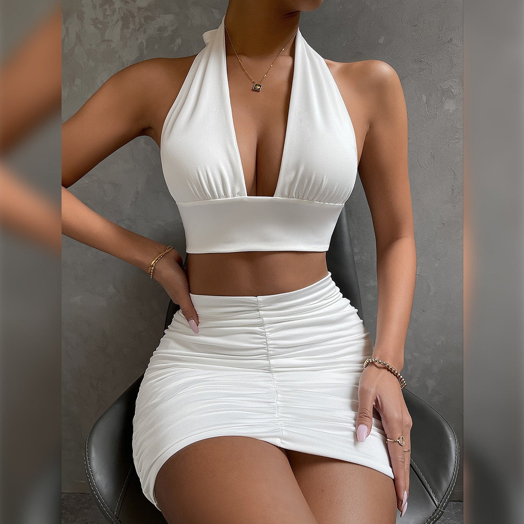 Women's Halter Two-Piece Dress Set – Lace-Up Crop Top Pleated Mini Skirt