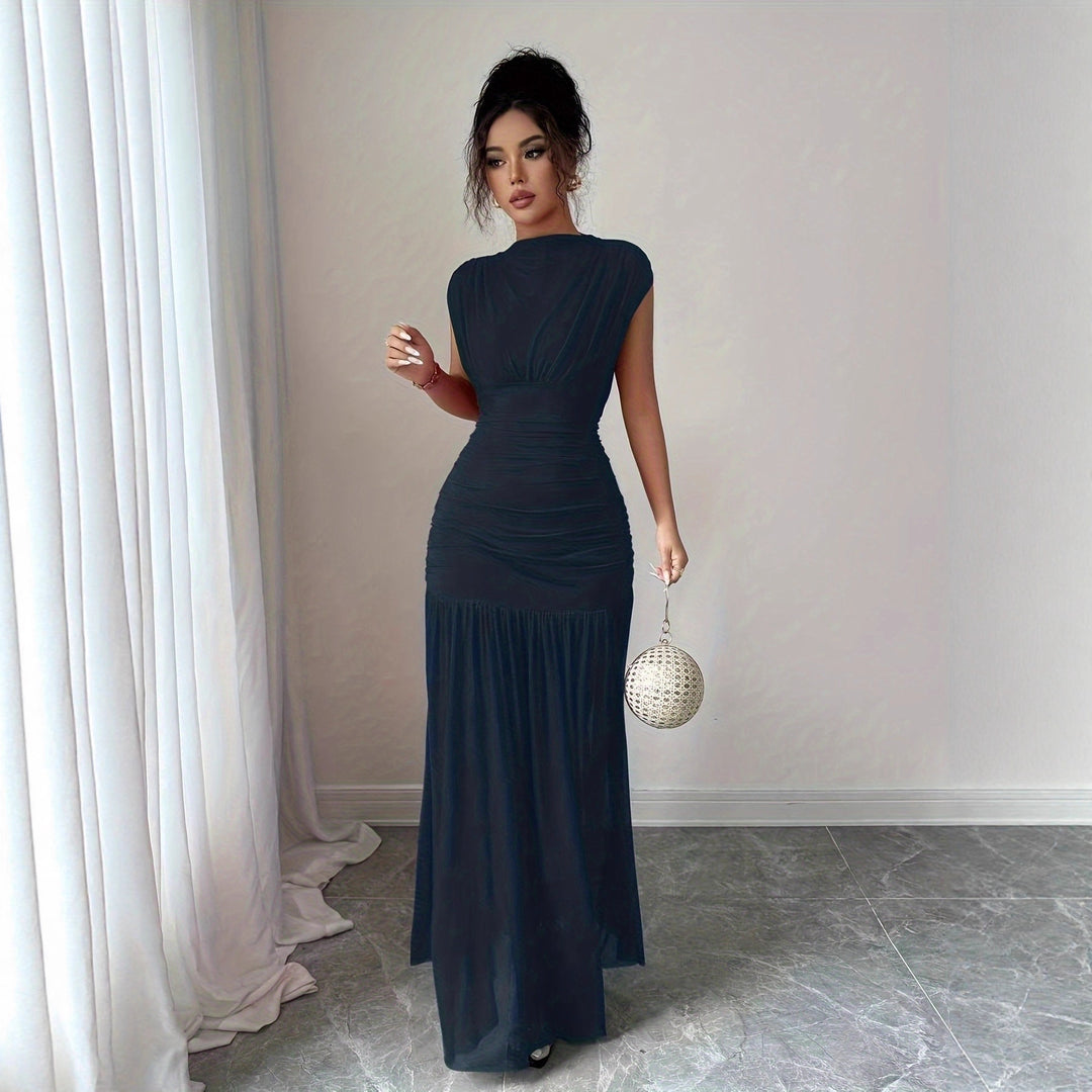Women's Mesh Pleated Maxi Dress – Sleeveless Ruched Waist High Neck