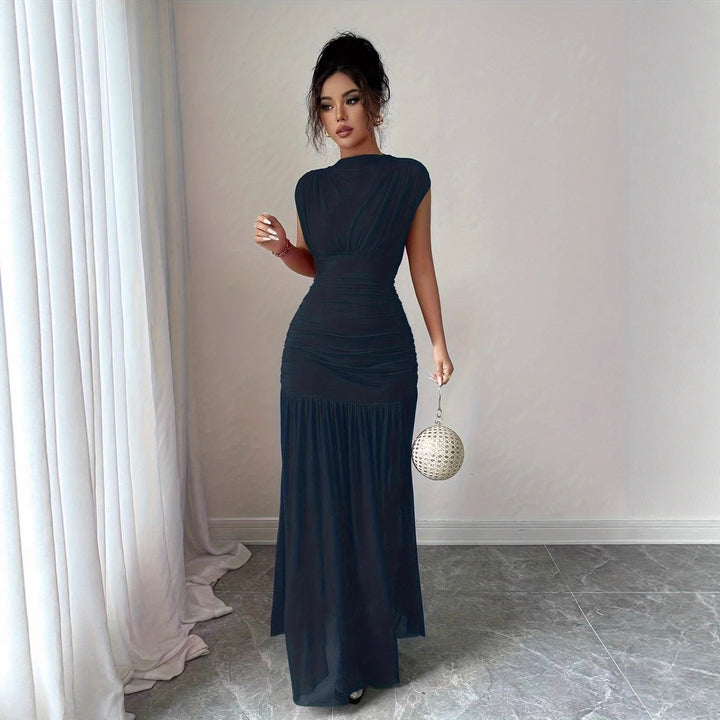 Women's Mesh Pleated Maxi Dress – Sleeveless Ruched Waist High Neck