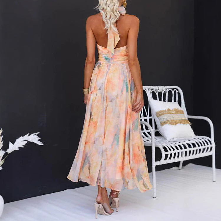 Maxi Dress Women – Watercolour Print Halter Neck & Tie Waist