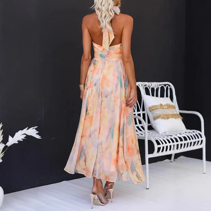 Maxi Dress Women – Watercolour Print Halter Neck & Tie Waist