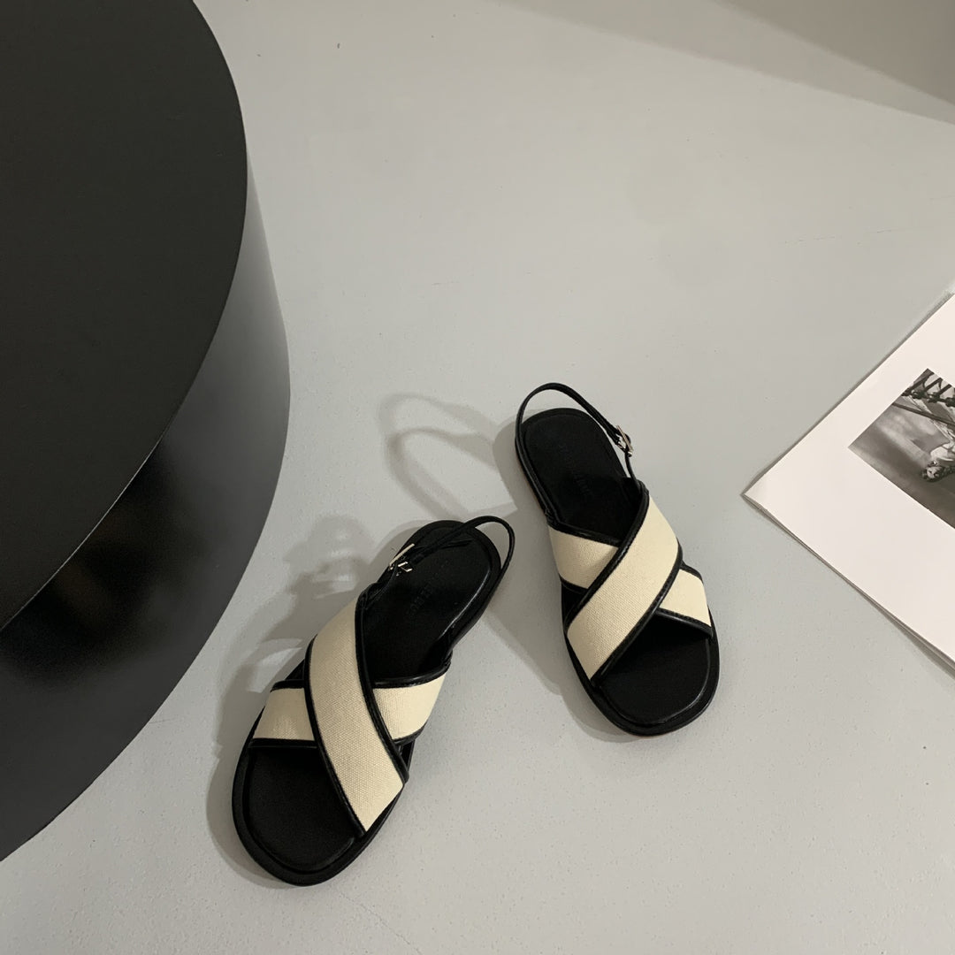 Women's Flat Sandals – Canvas & Leather Crossover Slingback