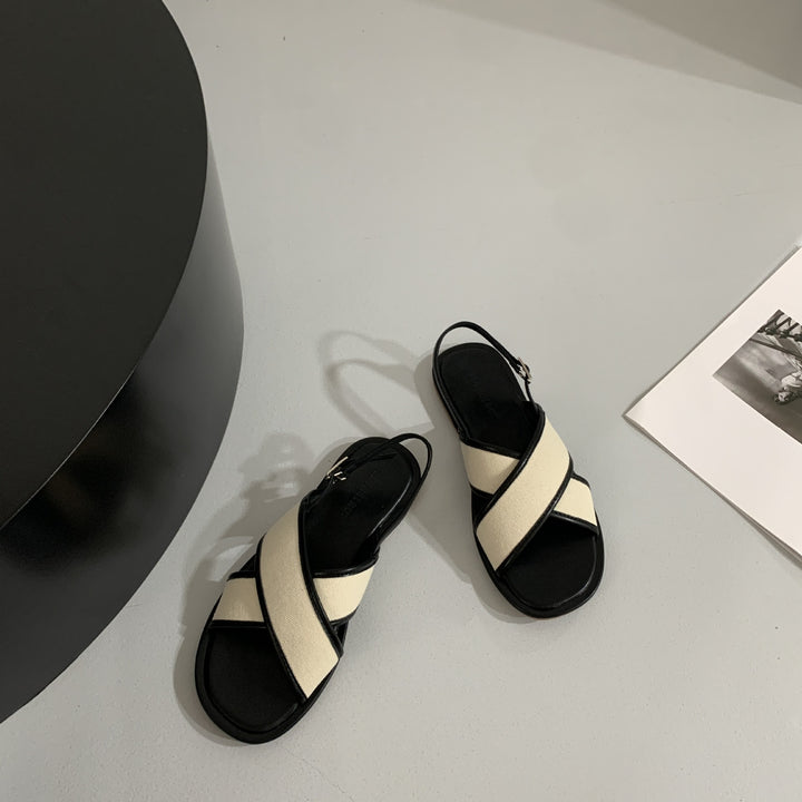 Women's Flat Sandals – Canvas & Leather Crossover Slingback