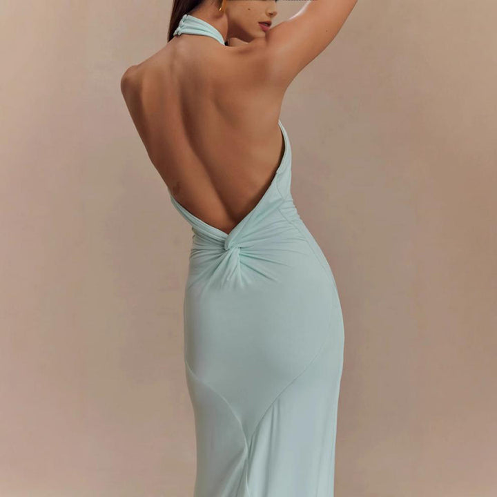 Satin Halter Maxi Gown – Open Back Ruched Waist Dress